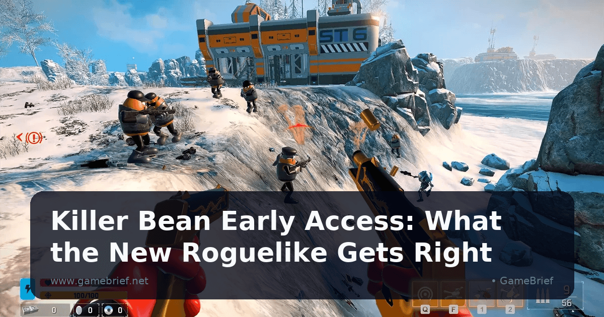 Killer Bean aiming dual pistols at enemies across a snowy coastal biome with an industrial facility behind him