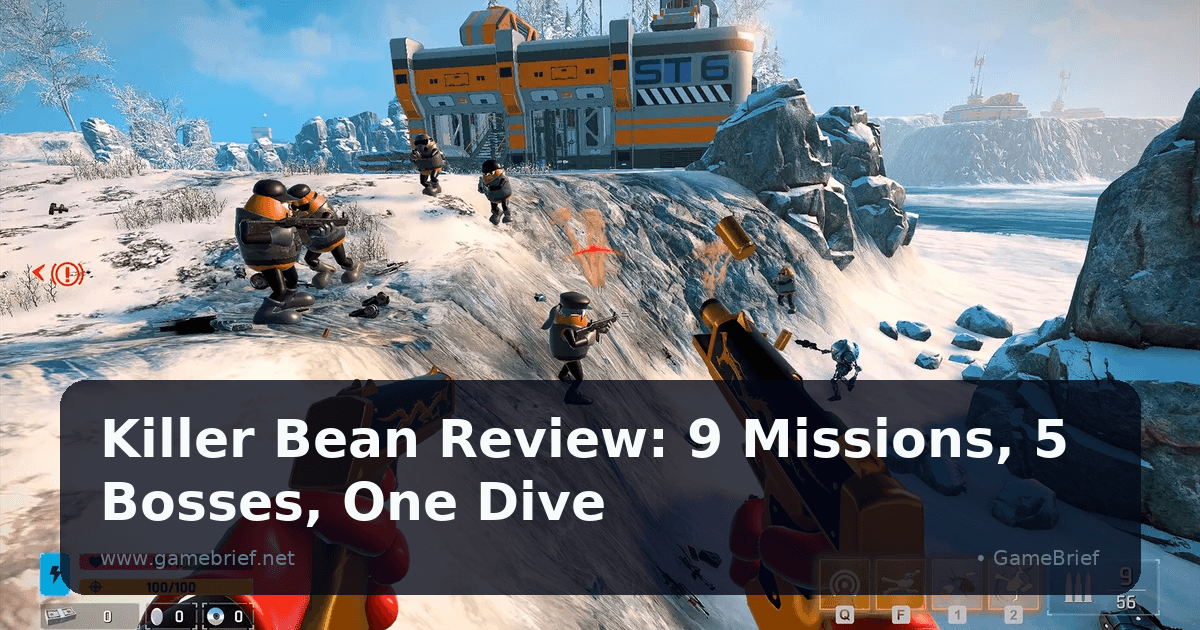 Killer Bean mid-dive attack, dual pistols firing in slow motion above an enemy-filled rooftop arena