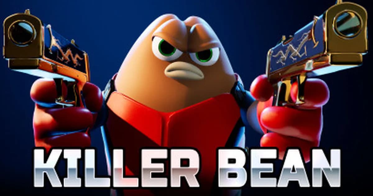 Killer Bean firing dual pistols at Shadow Troops on a procedural jungle biome island, ragdoll bodies mid-air