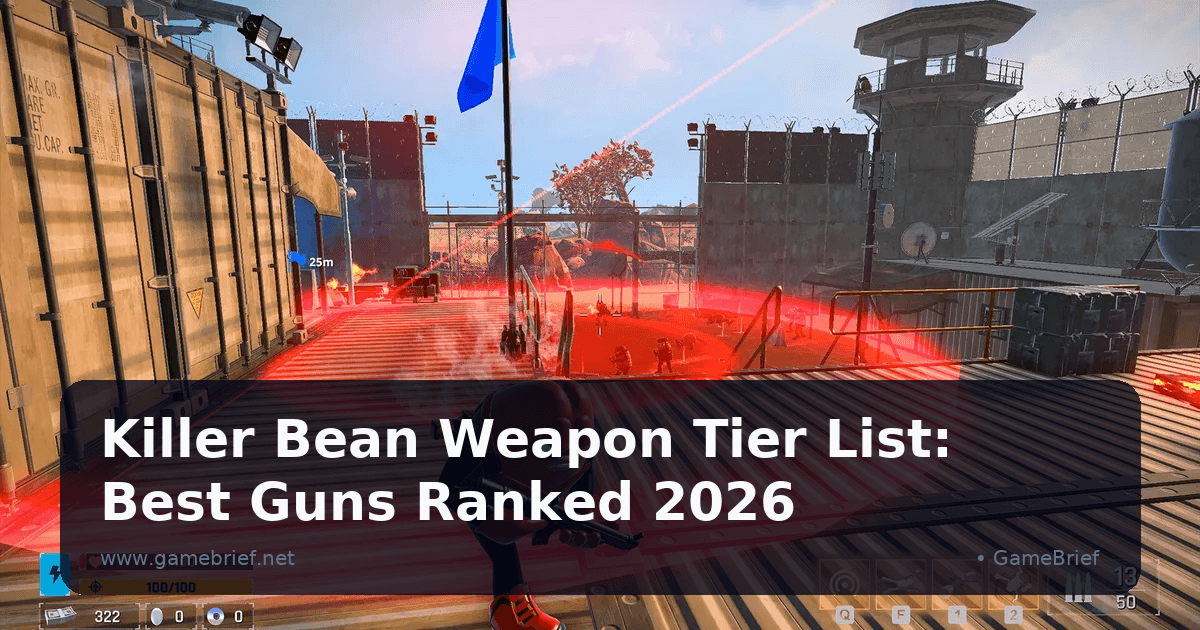 Killer Bean crouched inside a laser-tripwire security field near a guard tower, health critically low while aiming a single weapon