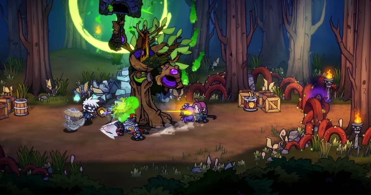 Lost Castle 2 hand-drawn combat against a green tree boss with thrashing red tentacles as chibi heroes attack in a dark forest