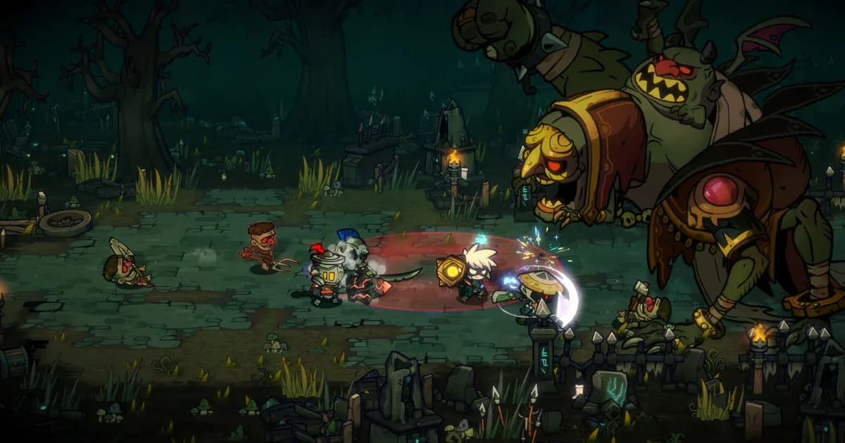 Lost Castle 2 heroes fighting a hulking masked ogre boss in a torch-lit graveyard, a red attack circle flaring under the party