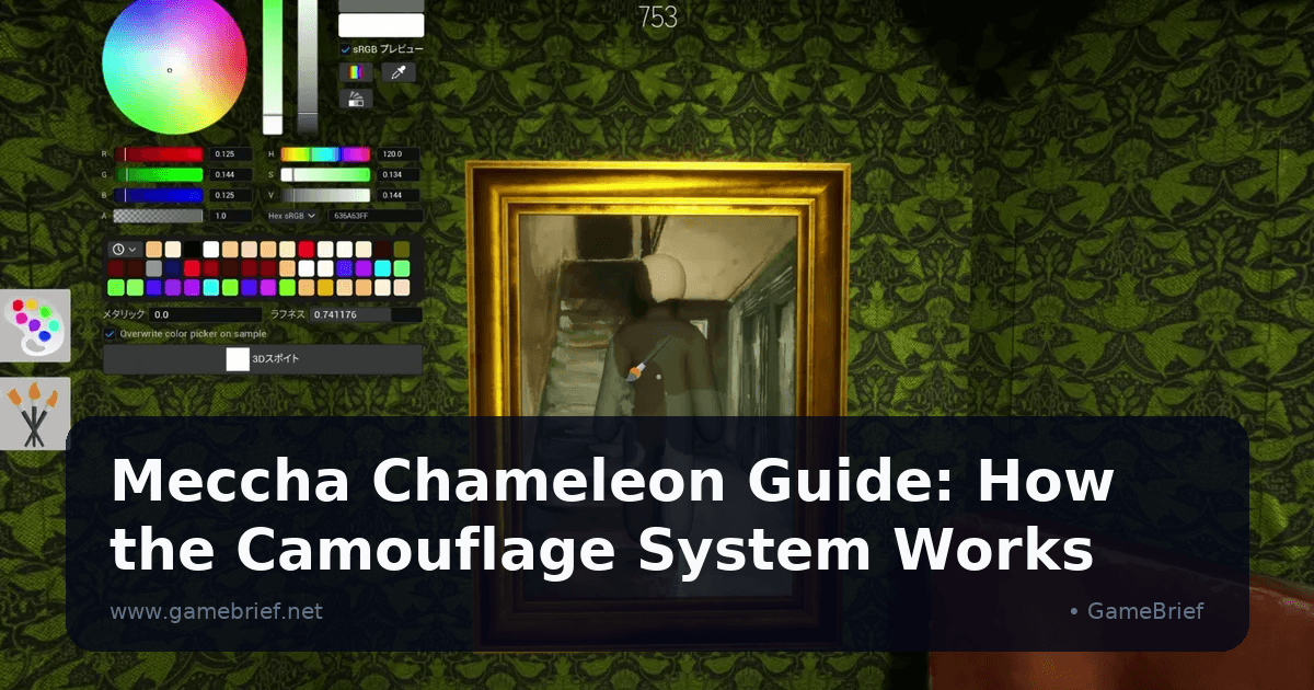 Meccha Chameleon paint mode UI with a color wheel, RGB and HSV sliders, and metallic and roughness controls, a partially painted character blending into a framed stairwell portrait on green wallpaper