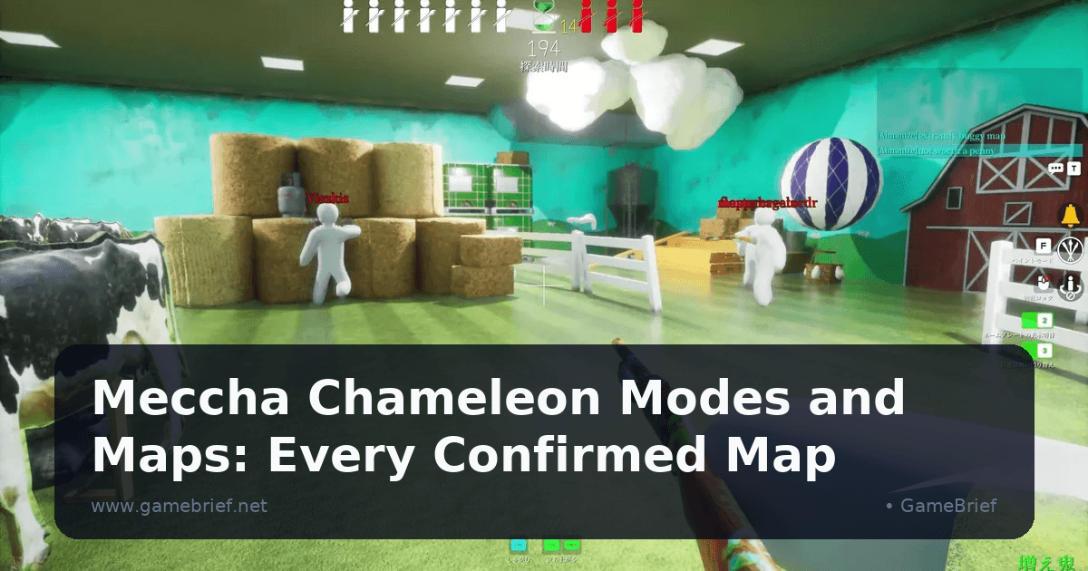 Meccha Chameleon Hunter aiming a shotgun across a barn interior with hay bales, a cow, and two white Hider characters running for cover