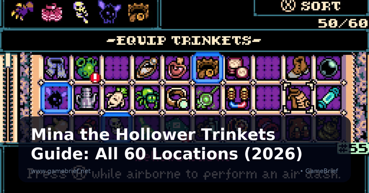 Mina the Hollower Equip Trinkets menu showing a 60-slot grid with 50 collected and the Bellows Bustle trinket description highlighted