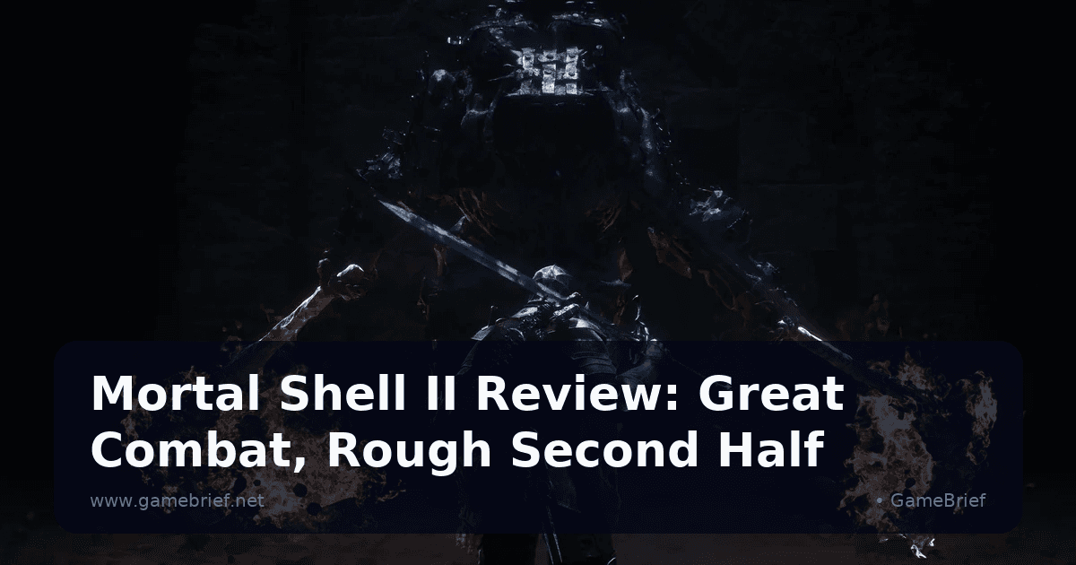 The hooded Harbinger standing before a towering dark-armored boss flanked by two burning braziers, twin blades crossed and raised