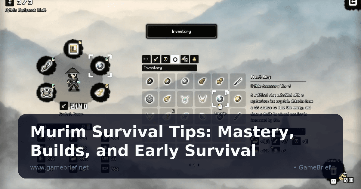 Murim Survival equipment inventory screen showing a Mythic-tier Frost Ring accessory equipped alongside the character's full stat panel