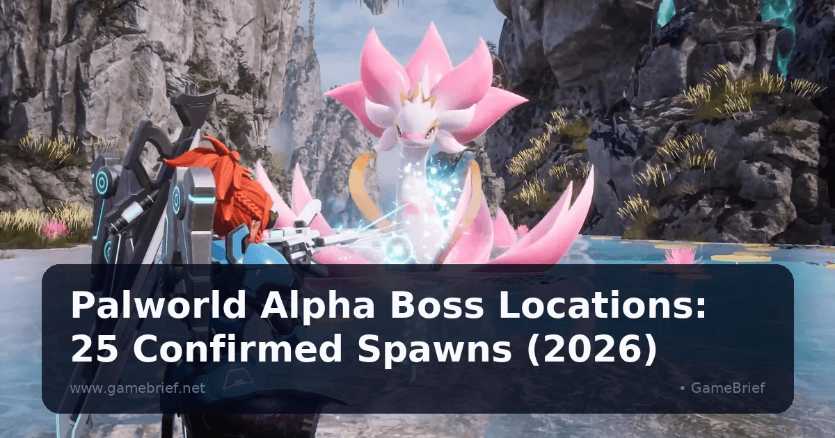 A player aims a weapon at a towering pink lotus-crowned Pal standing in a canyon pool during a solo boss encounter