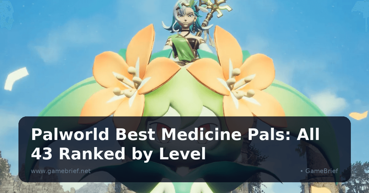 Lyleen, a green flower-headed Pal with orange lily petals, carries a rider through a stone ruin toward glowing crystal formations