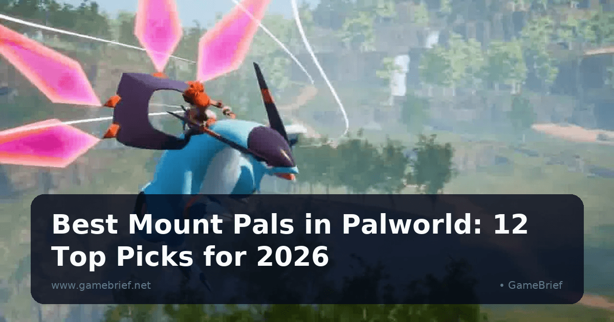 A teal winged dragon-type Pal carries a rider through pink crystal energy trails above a misty green forest and waterfall