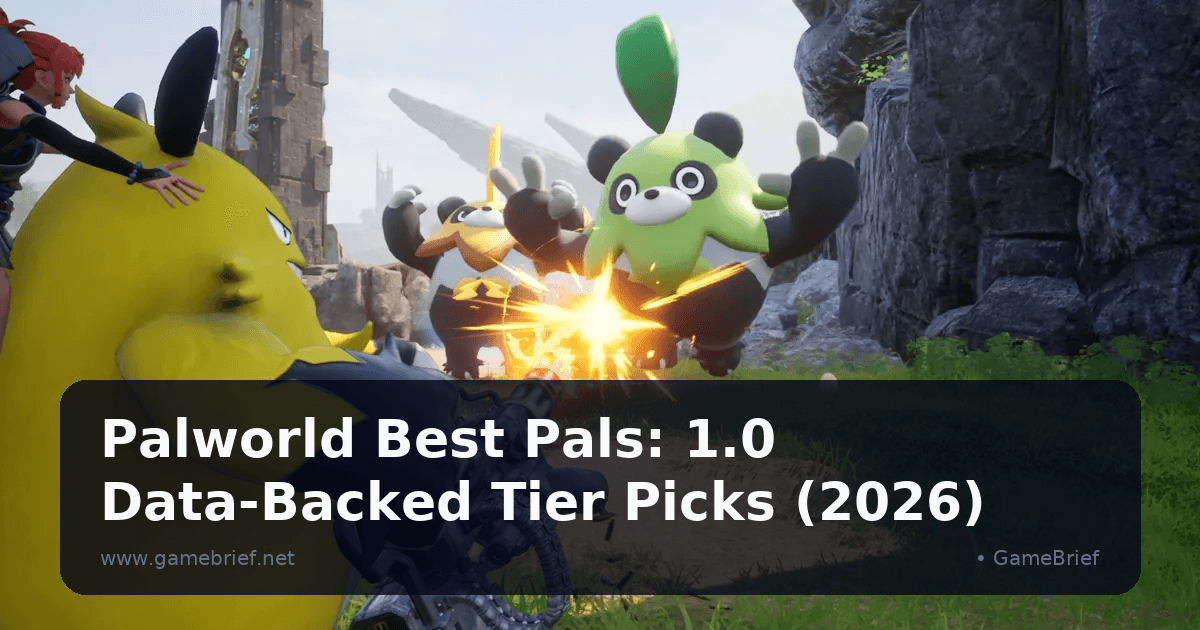 A yellow Pal mounted with a heavy machine gun fires near winged Pals and ancient stone ruins