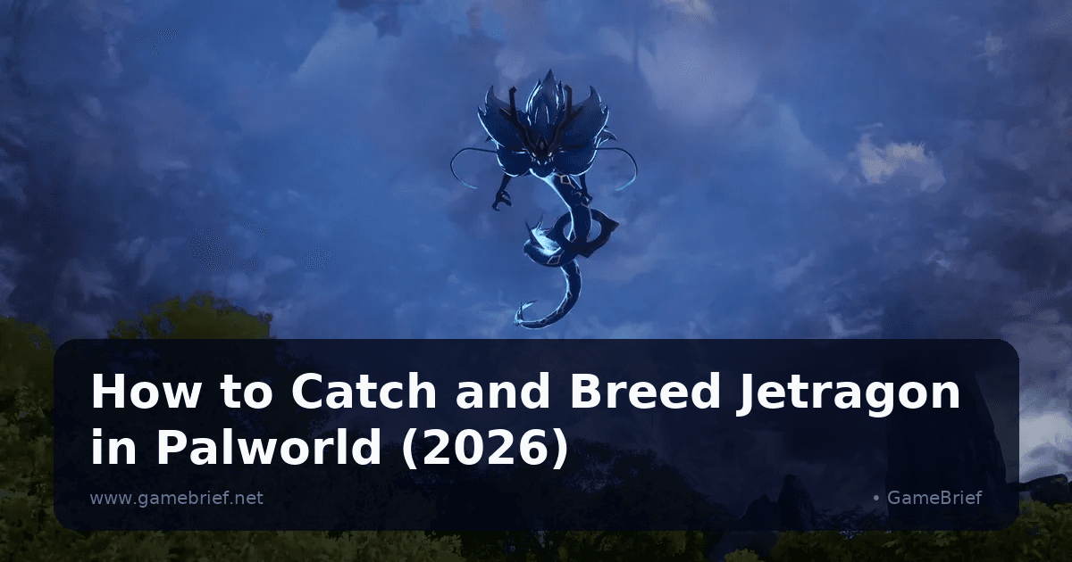 A dark blue, dragon-like winged Pal glowing with energy soars above a forest and rocky peaks at dusk, in a shot from Palworld's official cinematic trailer