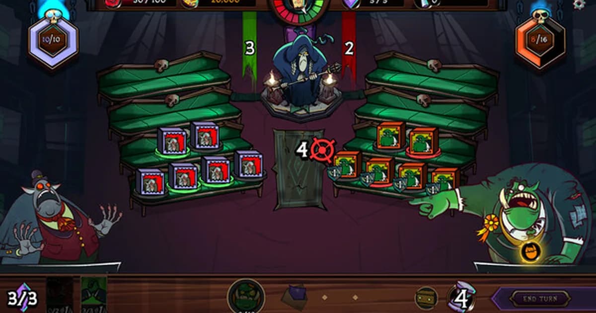 Prime Monster parliament chamber with three distinct monster characters visible, political card hand displayed at the bottom of the screen during a debate