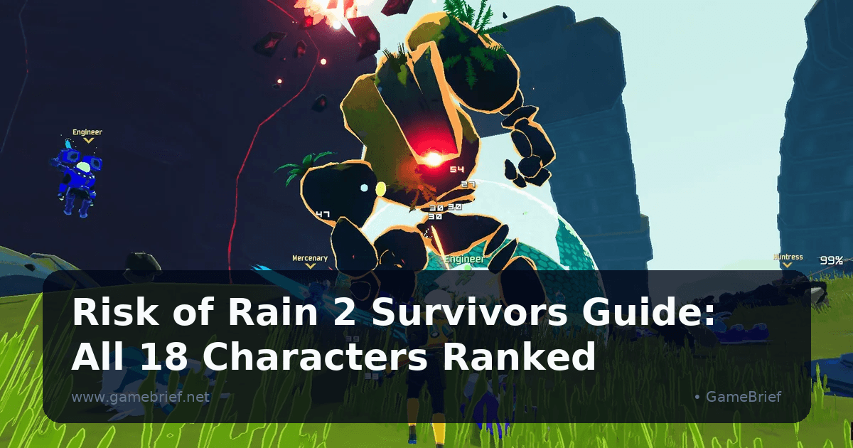 Risk of Rain 2 party of three survivors, Engineer, Mercenary, and Huntress, fighting a large stone golem boss on a grassy hillside