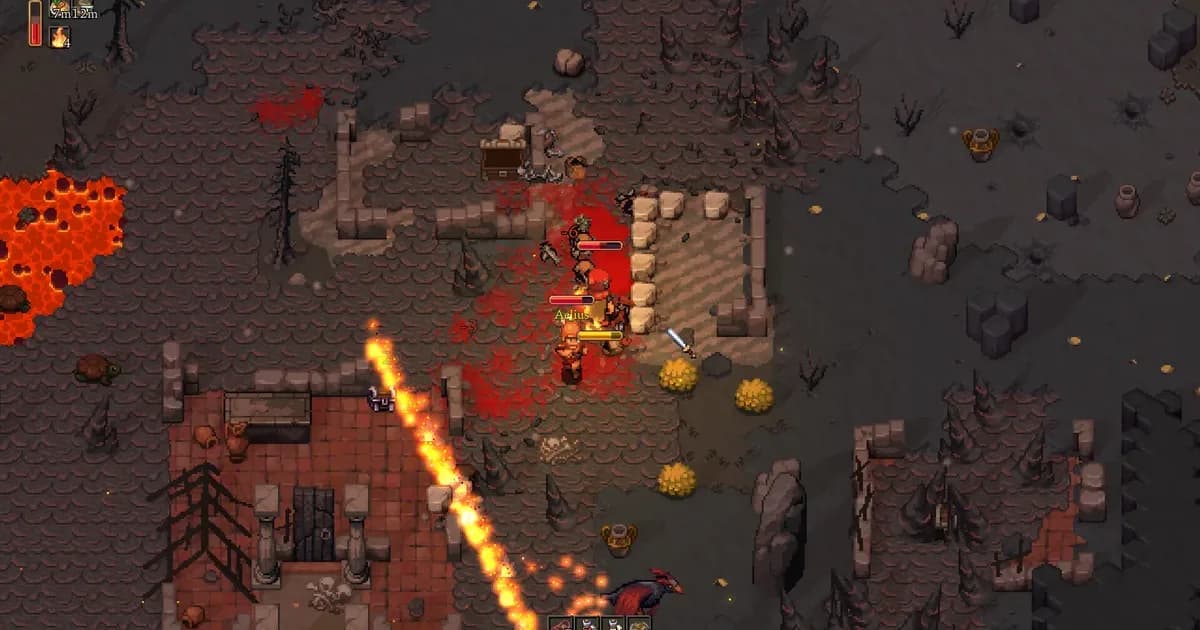 Romestead player fighting enemies in the Volcanic biome with orange lava pools visible on the left and a ruined stone structure nearby