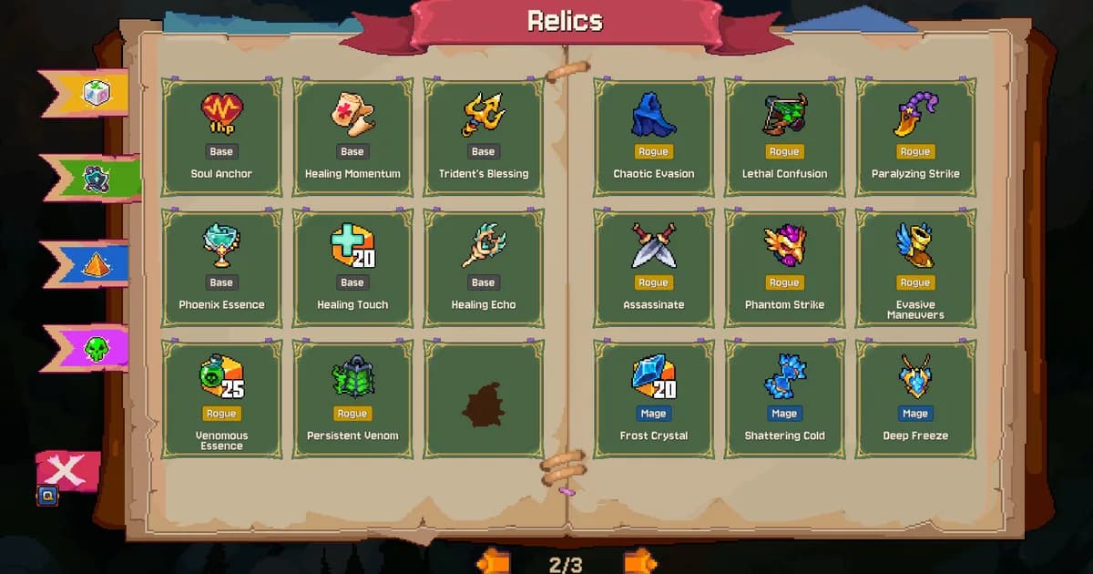 Rune Dice relic shop screen between dungeon encounters showing three relic options available for purchase with dice type icons and effect descriptions