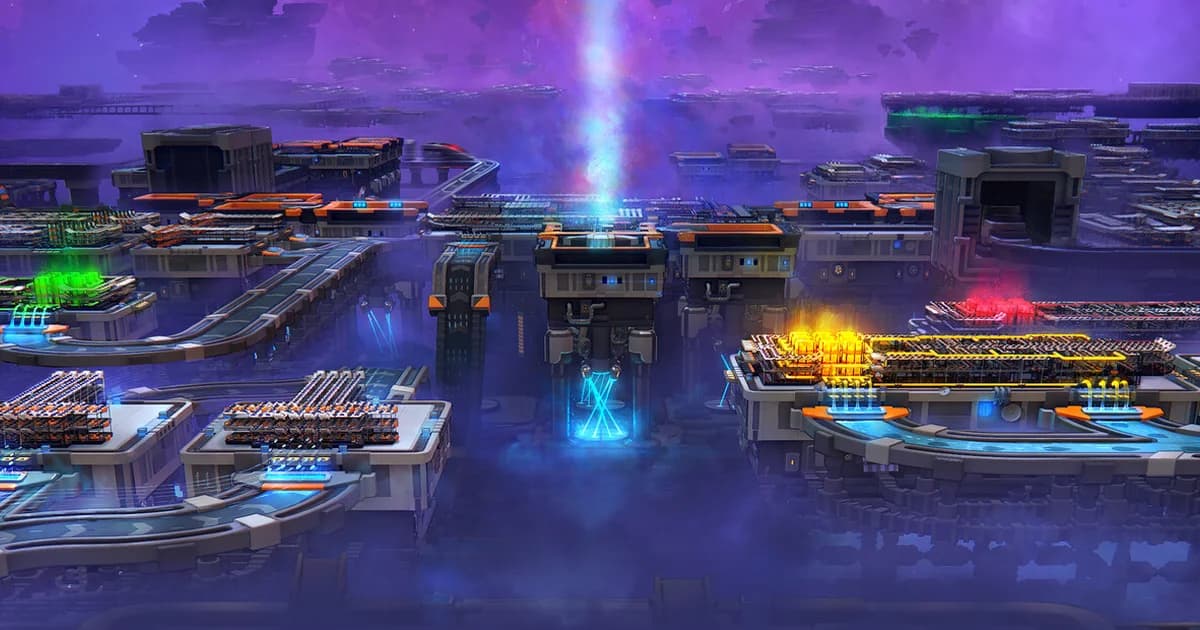Shapez 2 early factory layout with three parallel belt lines feeding into stacked shape processors on the first building level