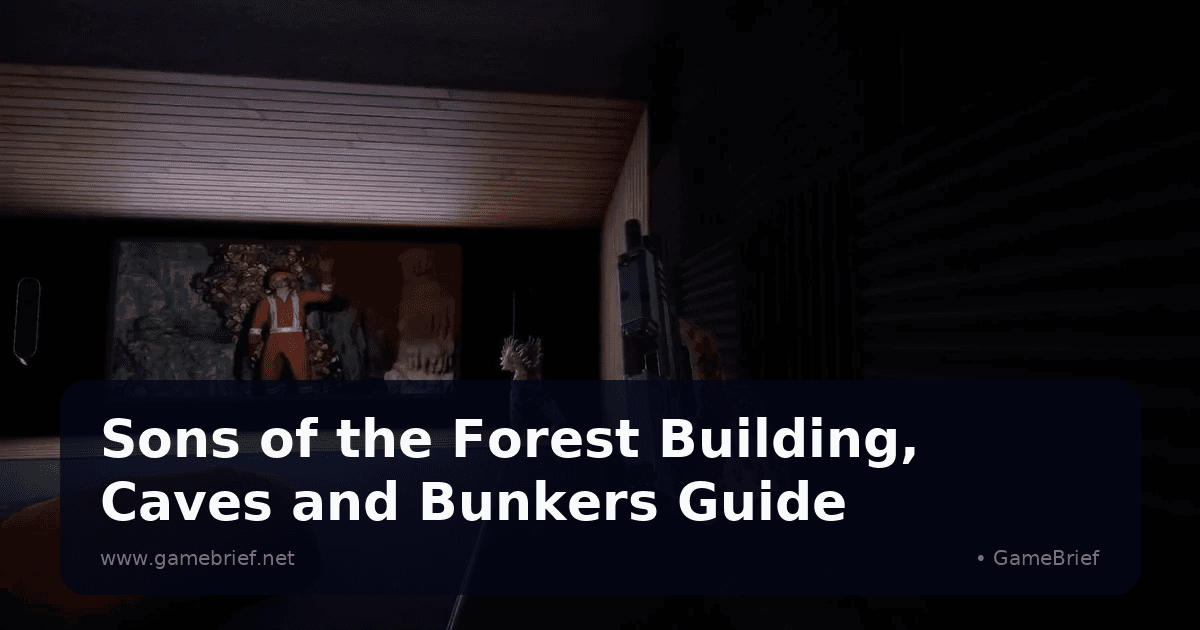 Sons of the Forest wood-paneled bunker room with a framed picture, a hostile mutant approaching, and a bloodied hand holding a pistol