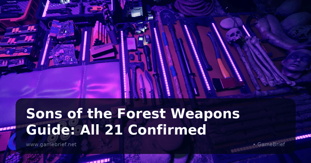 Overhead flatlay of Sons of the Forest weapons and tools including a katana, machete, axes, rope, and a skull laid out under purple light
