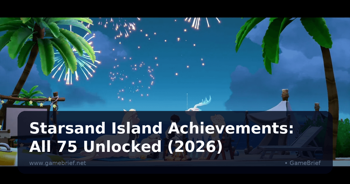 Three islanders and their fantastical white horse, sheep, and antlered deer companions watch gold fireworks burst over a beach campfire at night