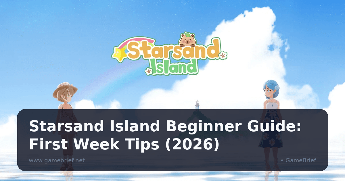 Two customizable Starsand Island characters stand on water beneath a rainbow and the game's logo, with a distant lighthouse and town behind them