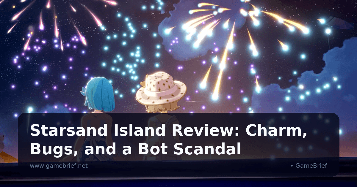 Two islanders and a dog sit on a rooftop ledge at night watching gold and blue fireworks over Starsand Island