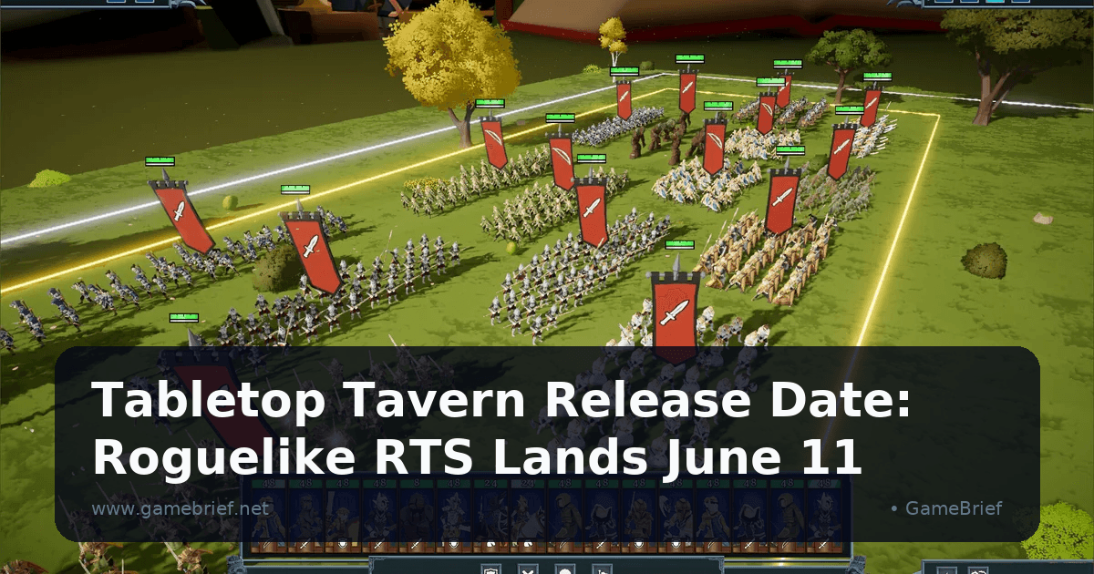 Tabletop Tavern overhead view of two armies in banner-marked formations advancing across a grassy battlefield bounded by glowing boundary lines, hero portraits lined along the bottom UI