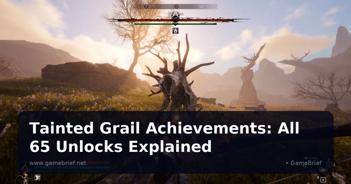 Tainted Grail Fall of Avalon first-person archery combat against a large thorned Flesh Tree enemy in a sunlit wildflower meadow