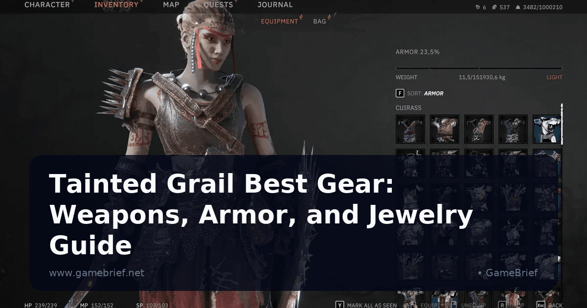 Tainted Grail Fall of Avalon character inventory screen showing a spiked armor cuirass equipped in a dark Arthurian ruin
