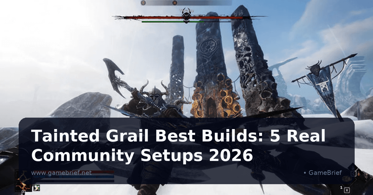 Tainted Grail Fall of Avalon dual-wielding sword combat against a boss at a snowy stone monolith arena with a health bar visible