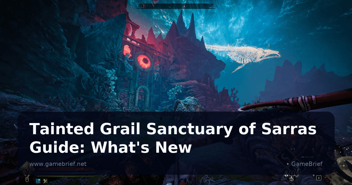 First-person view aiming a bow at a sunken ruined structure with a glowing red eye emblem, a skeletal fish creature floating past coral in the underwater Sanctuary of Sarras