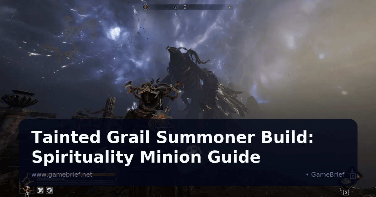 Tainted Grail Fall of Avalon character summoning a large spectral bird-like creature at a mystical ruined shrine