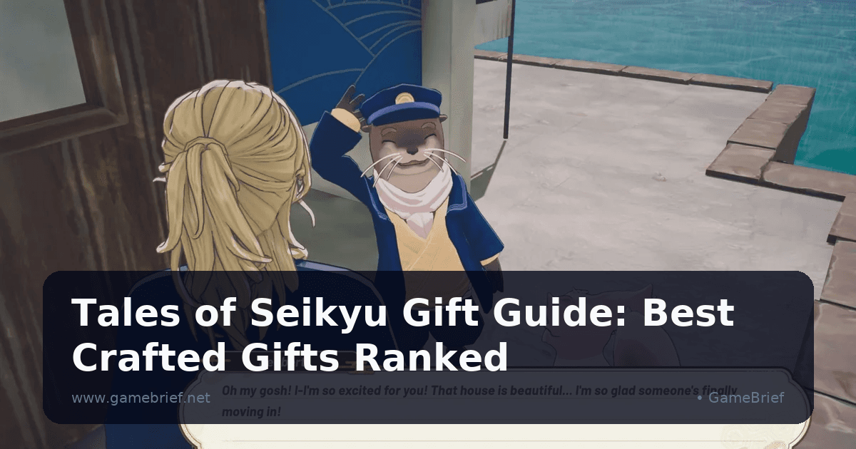 Tales of Seikyu gift-giving screen showing character portrait with sparkle animation and a crafted Gold Ingot being offered at the village forge