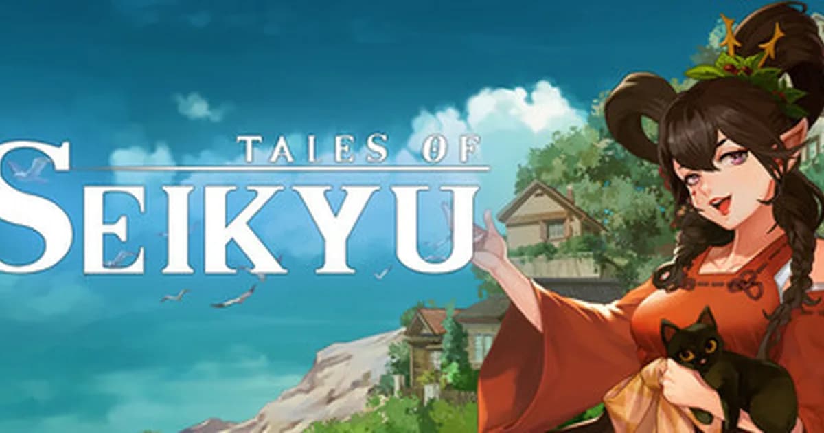 Tales of Seikyu key art with a yokai character in a red robe holding a black cat, wooden farm buildings visible under a bright blue sky