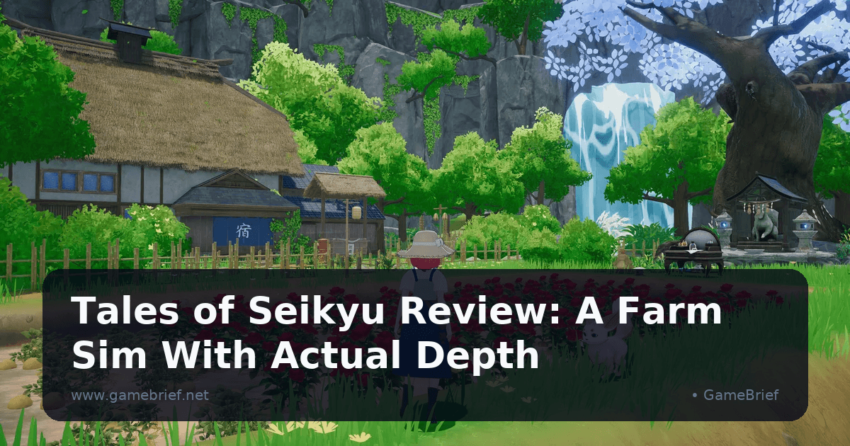 Tales of Seikyu player character tending a flower field beside a village, waterfall, and shrine-like landscape