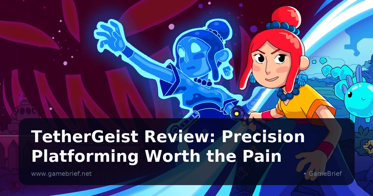 TetherGeist key art: Mae wielding a glowing tether device beside a towering translucent spirit figure, a small round teal creature and red dragon-jaw shapes in the background
