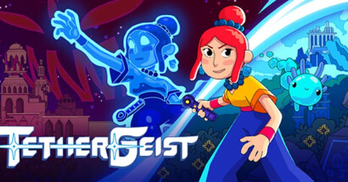 TetherGeist header showing Mae and her axolotl spirit Bao connected by a glowing tether in a vibrant environment