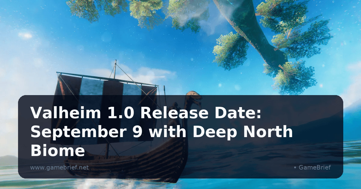 Valheim Deep North biome reveal screenshot showing frozen tundra and towering Norse ruins under a pale overcast sky