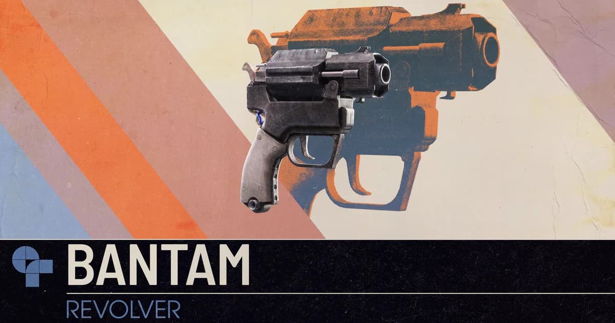 Official Bantam art: a snub-nosed revolver in front of an orange and blue halftone print of itself, labeled Bantam Revolver