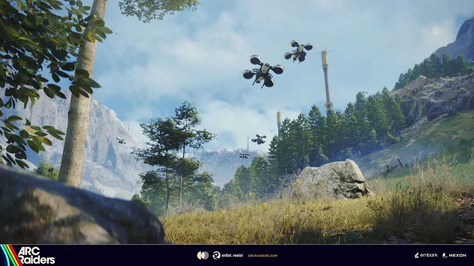 ARC Raiders: three small flying ARC drones over a green valley, with pine trees and a tall antenna tower on the ridge