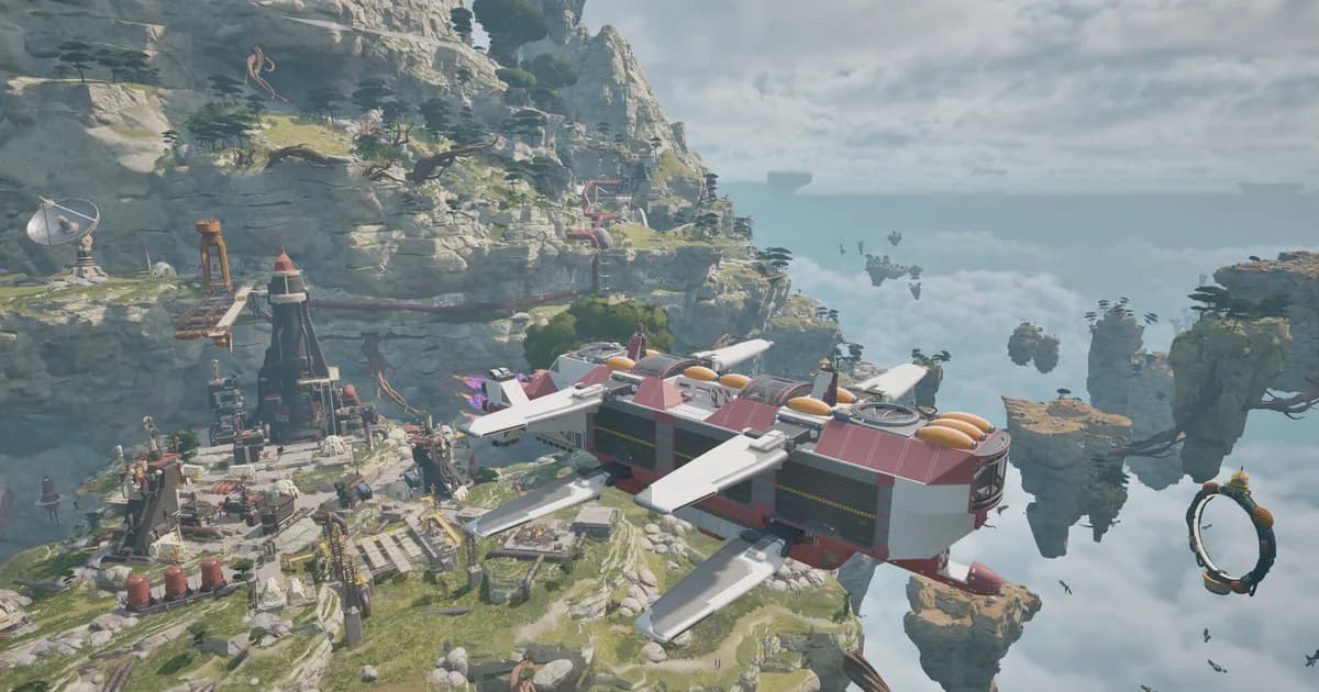 ATMOSFAR red and white airship with long wings hovers beside a cliffside settlement among floating islands above the clouds