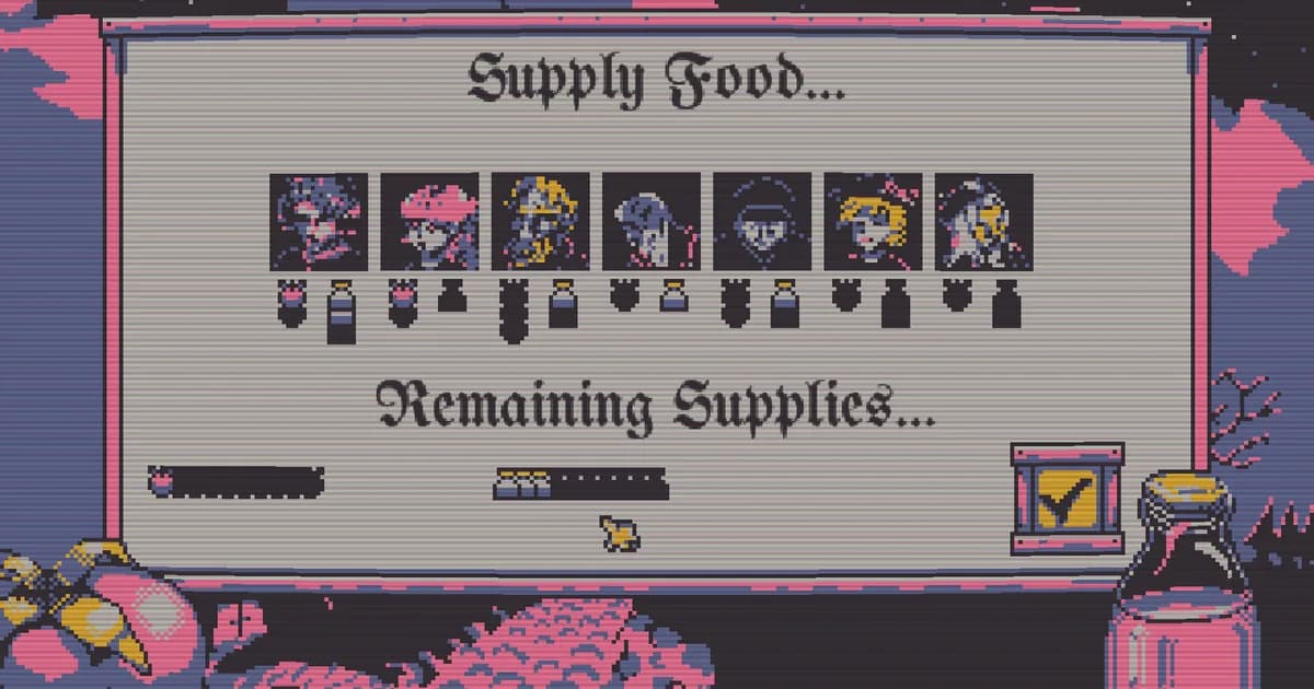 Besmirch pixel art town supply board showing villagers and remaining supplies