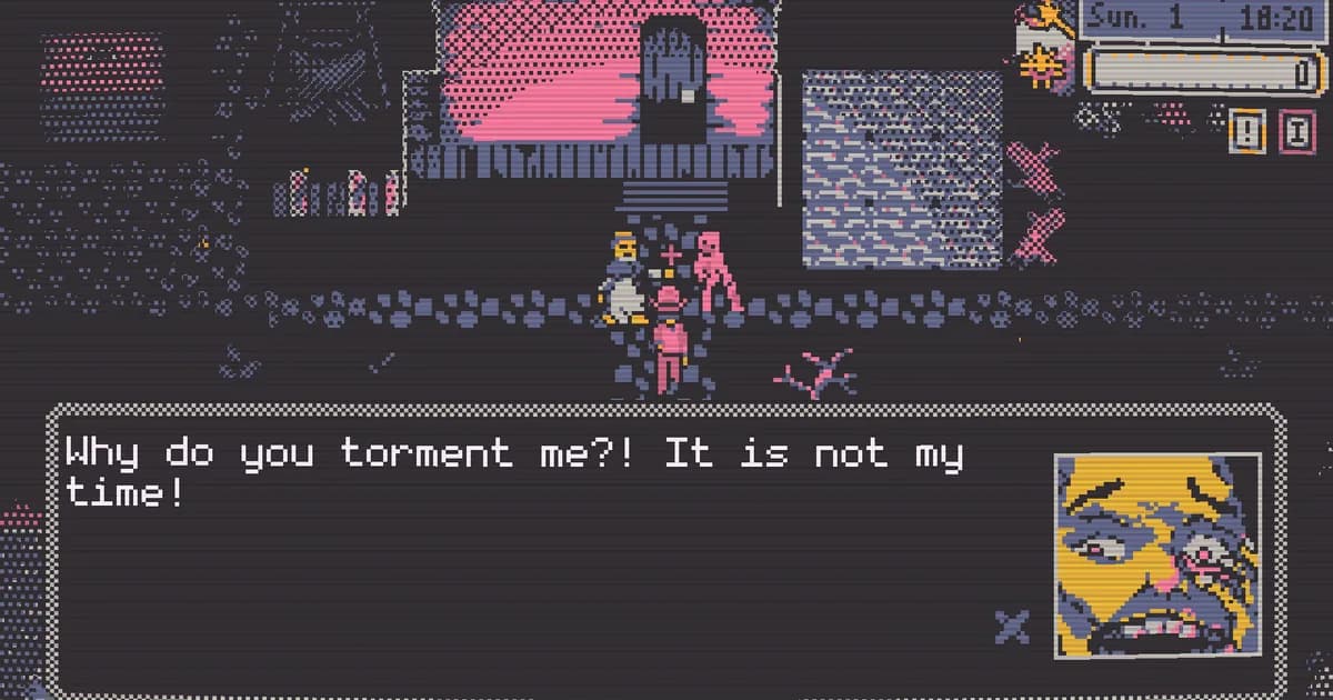 Besmirch pixel art dialogue scene with the player facing a villager and monster portrait