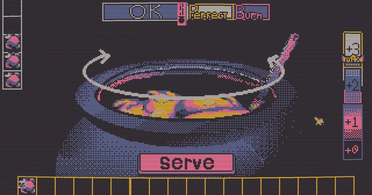 Besmirch pixel art cooking minigame showing a prepared dish and a quality meter