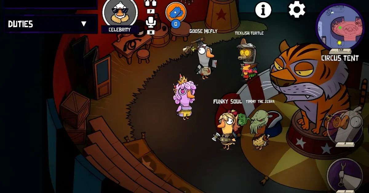 Goose Goose Duck circus-tent lobby with several costumed goose characters gathered near a giant tiger statue and a Duties task panel on screen