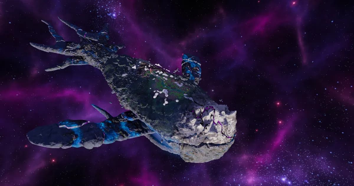 Kewa the space whale drifts through a purple starfield, its rocky back dotted with green settlement patches