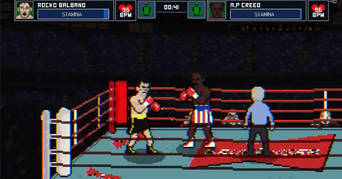 Two pixel-art boxers trade punches in a red and blue ring while a bald referee watches, with stamina bars along the top