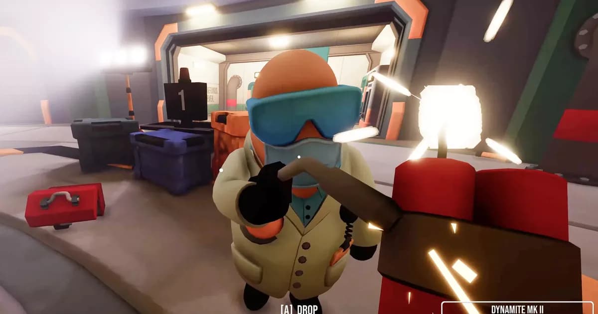 Masked worker in goggles points at a lit bundle of dynamite labelled Dynamite MK II held in first person