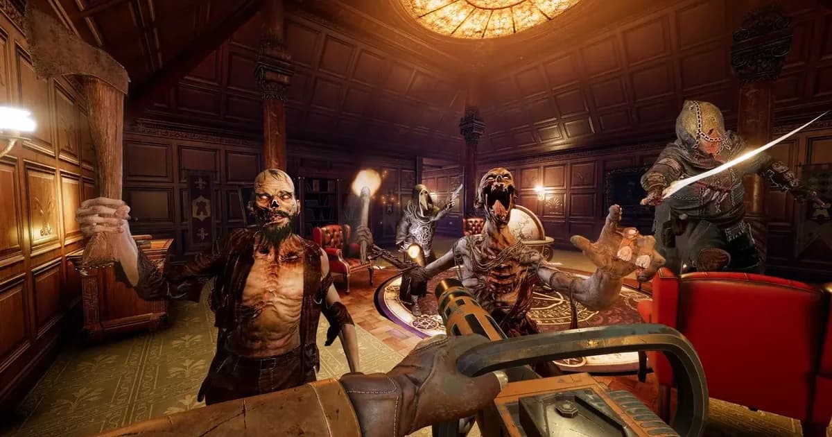 Bruno fires a heavy gun at rotting ghouls charging across a candlelit mansion hall under a stained-glass dome