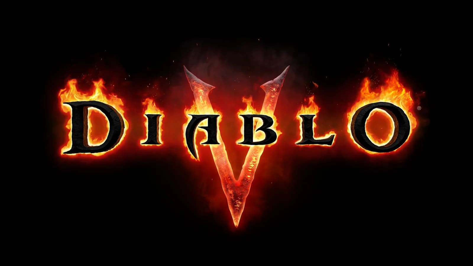 Diablo V logo in carved stone letters with flames licking the top and a large V below, on black